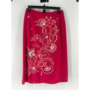 Vintage Richard Malcolm Red Linen Blend Embroidered Midi Skirt‎ Size 6